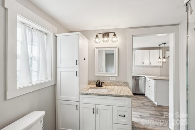 bathroom with tasteful backsplash, vanity, hardwood / wood-style floors, and toilet