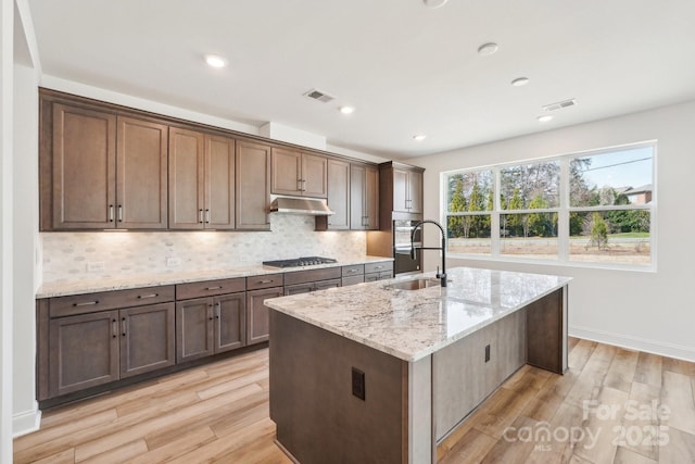 604 Hyder Trl, Tega Cay, SC 29708 - kitchen with a sink, under cabinet range hood, appliances with stainless steel finishes, light wood-style floors, and recessed lighting