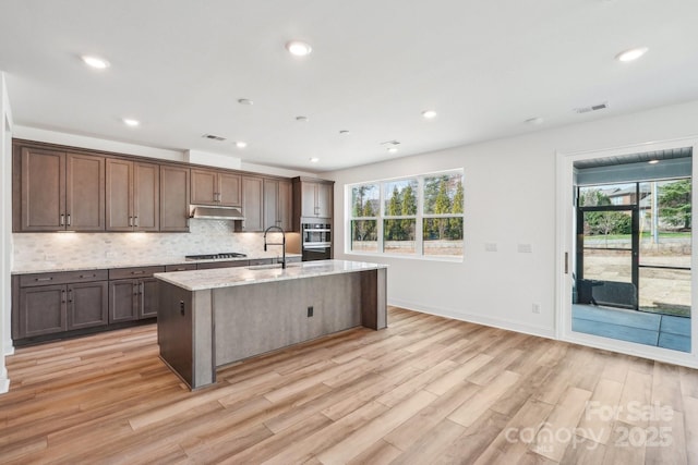 604 Hyder Trl, Tega Cay, SC 29708 - kitchen featuring under cabinet range hood, appliances with stainless steel finishes, light wood-style flooring, decorative backsplash, and a kitchen island with sink