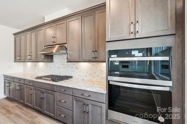 604 Hyder Trl, Tega Cay, SC 29708 - kitchen featuring appliances with stainless steel finishes, under cabinet range hood, tasteful backsplash, light wood finished floors, and light stone counters