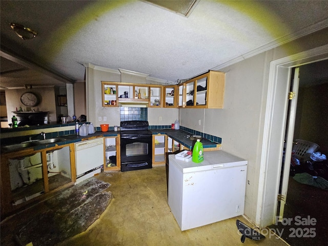 kitchen featuring black electric range, white dishwasher, a textured ceiling, and ornamental molding