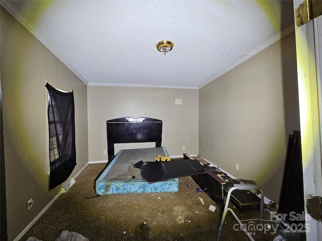 bedroom featuring carpet floors, a textured ceiling, and ornamental molding