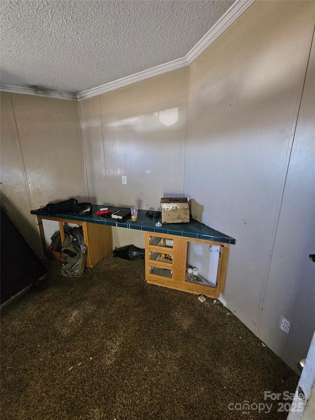 unfurnished office with a textured ceiling and crown molding