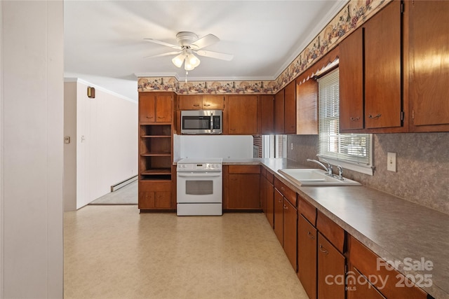 kitchen with baseboard heating, white range with electric stovetop, sink, ceiling fan, and crown molding