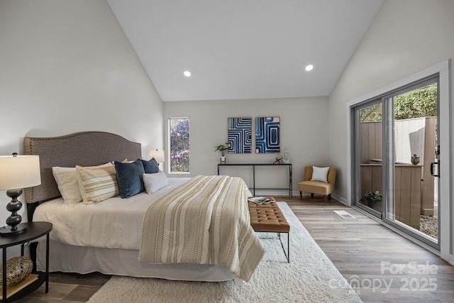 bedroom with high vaulted ceiling, access to outside, recessed lighting, and wood finished floors