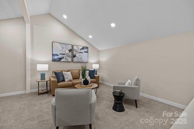 living area with carpet floors, baseboards, vaulted ceiling, and recessed lighting