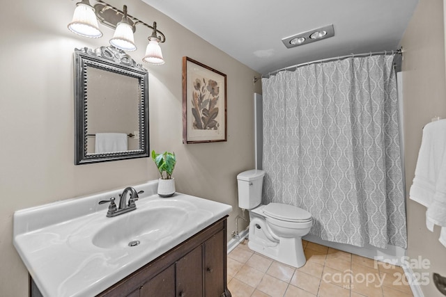 full bath with toilet, a shower with curtain, vanity, and tile patterned floors