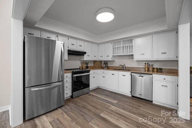 kitchen with appliances with stainless steel finishes, white cabinetry, a sink, wood finished floors, and under cabinet range hood