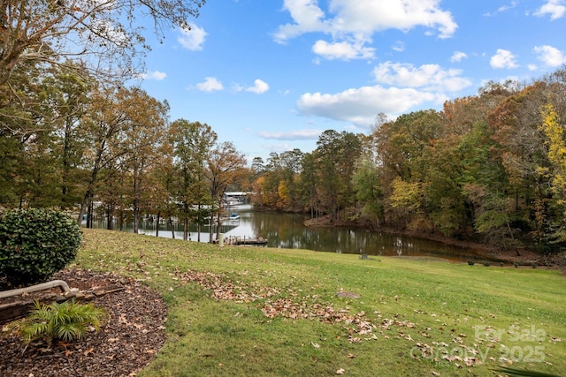 view of yard featuring a water view and a wooded view