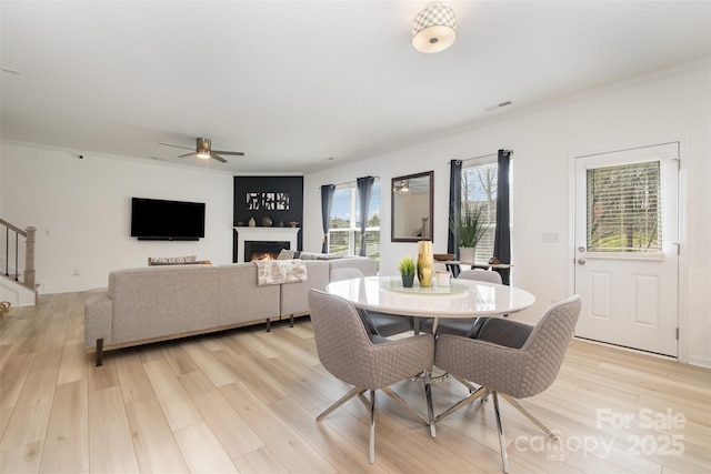 dining area featuring ceiling fan, crown molding, and light hardwood / wood-style flooring