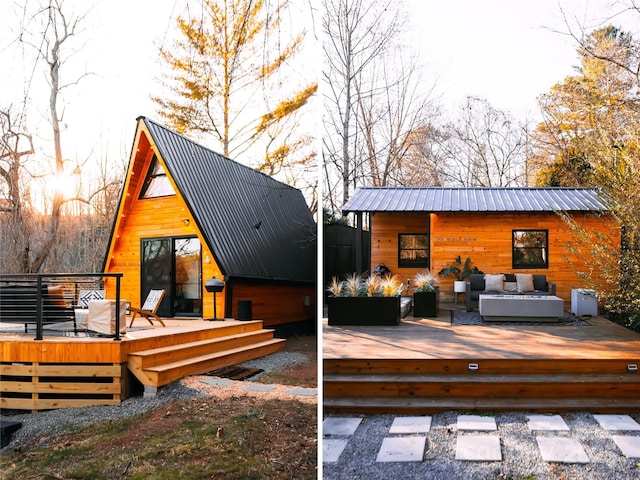 rear view of house featuring an outdoor living space and a wooden deck