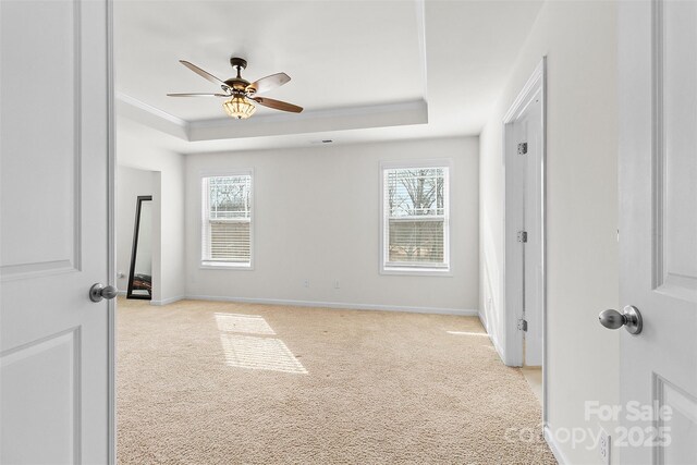 carpeted empty room with ornamental molding, a raised ceiling, and a healthy amount of sunlight