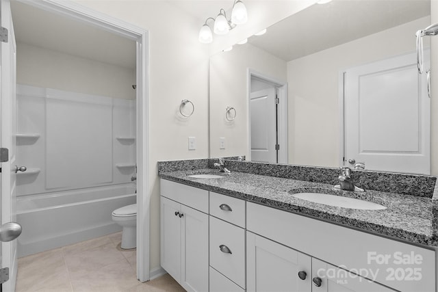 full bathroom featuring vanity, tile patterned floors, bathing tub / shower combination, and toilet