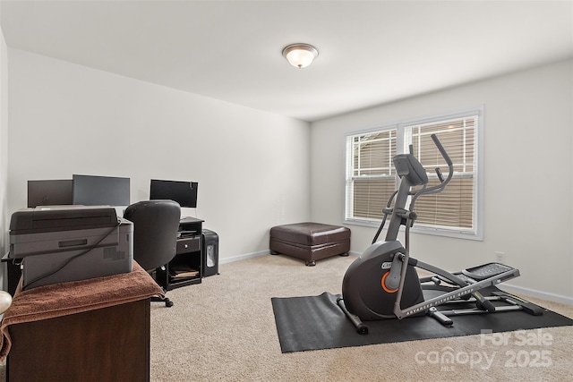 workout room featuring light carpet