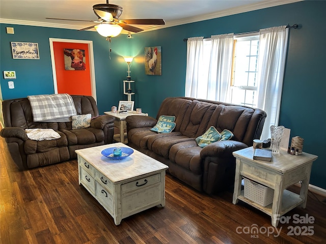 living room with dark wood-type flooring, ceiling fan, and ornamental molding