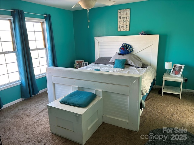 bedroom featuring ceiling fan and carpet flooring