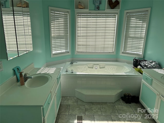 bathroom featuring a washtub, plenty of natural light, and vanity