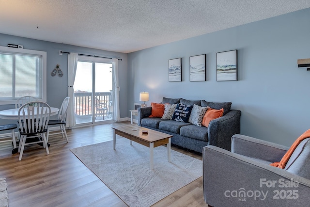 living room featuring a textured ceiling and light hardwood / wood-style flooring