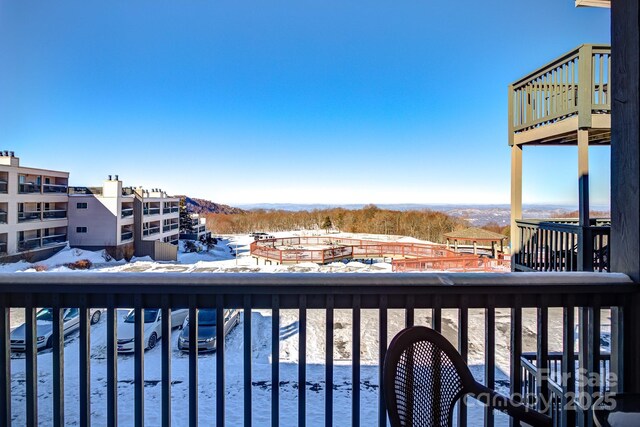 view of snow covered deck