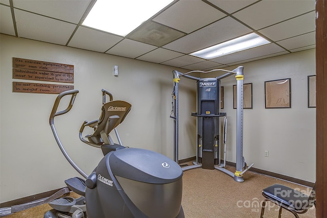 workout room featuring carpet floors and a paneled ceiling