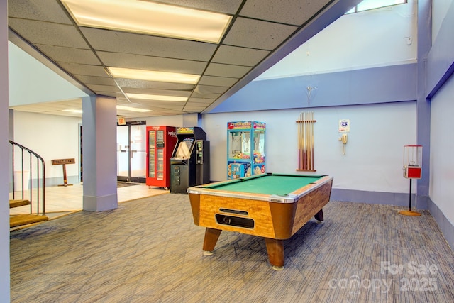 playroom with billiards and a paneled ceiling