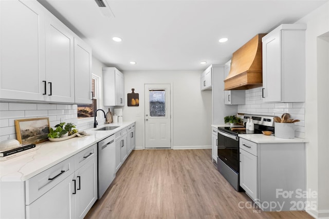 kitchen featuring appliances with stainless steel finishes, custom exhaust hood, white cabinets, and sink