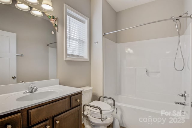 full bathroom with toilet, shower / tub combination, and vanity