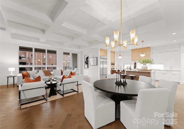 dining area featuring beam ceiling, dark parquet floors, plenty of natural light, and coffered ceiling