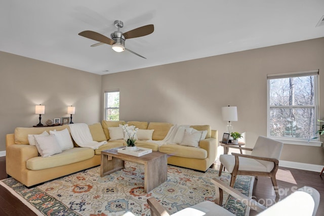 living room featuring ceiling fan and wood-type flooring