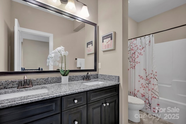 full bathroom with toilet, vanity, and shower / tub combo with curtain