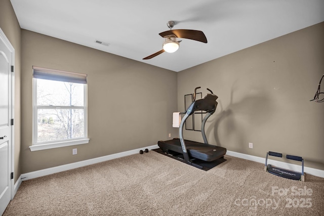 workout room with ceiling fan and carpet floors