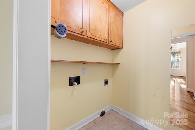 laundry room with washer hookup, cabinets, ceiling fan, and electric dryer hookup