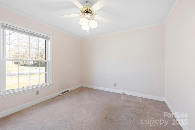 carpeted spare room with ceiling fan and ornamental molding