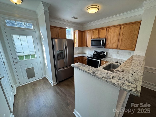 kitchen featuring kitchen peninsula, appliances with stainless steel finishes, tasteful backsplash, light stone counters, and sink