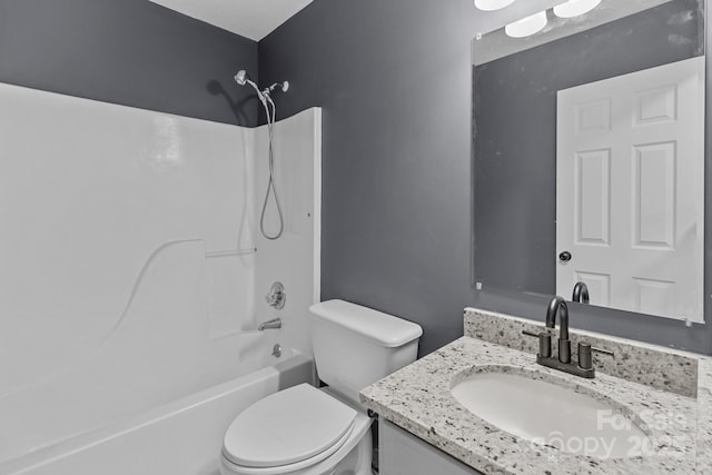 full bathroom with shower / bathing tub combination, vanity, and toilet