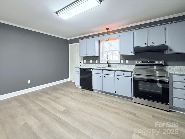 kitchen featuring stainless steel electric stove, decorative light fixtures, black dishwasher, sink, and light wood-type flooring