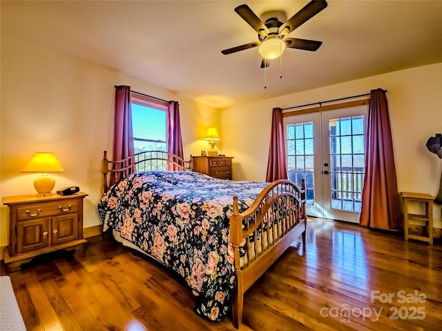 bedroom with multiple windows, access to outside, french doors, and ceiling fan