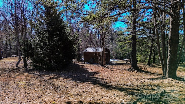 view of yard featuring a storage unit