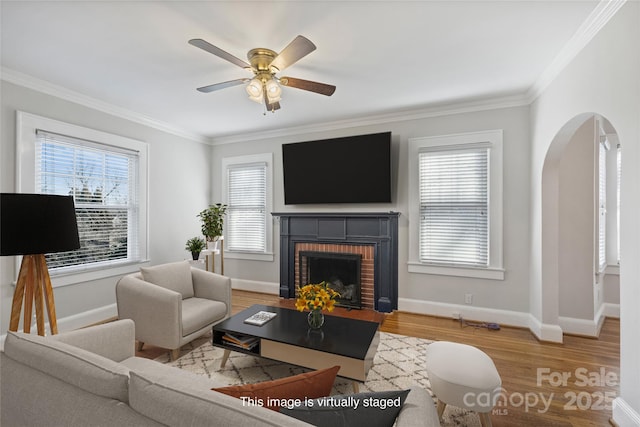 living room featuring crown molding, plenty of natural light, a fireplace, and light hardwood / wood-style flooring