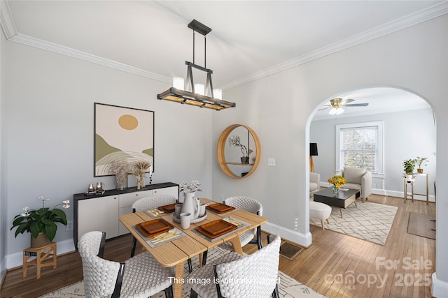 dining area with crown molding, wood-type flooring, and ceiling fan with notable chandelier