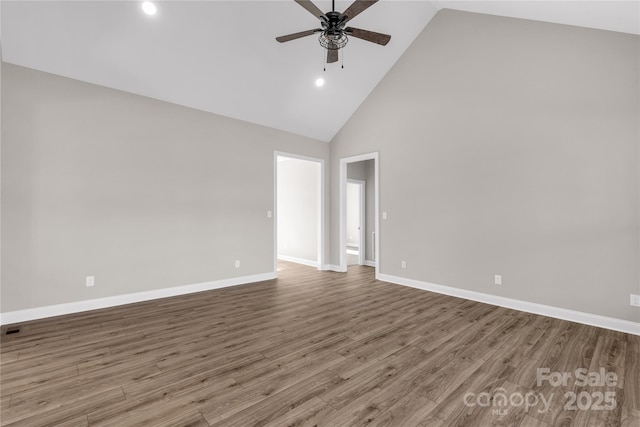 unfurnished room with high vaulted ceiling, ceiling fan, and hardwood / wood-style flooring