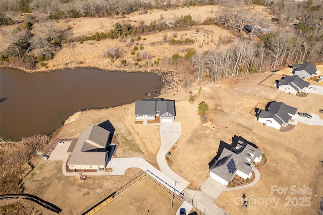 bird's eye view with a water view