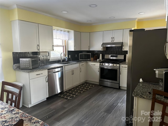 kitchen with white cabinets, decorative backsplash, appliances with stainless steel finishes, and sink