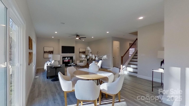 dining space featuring wood-type flooring and ceiling fan