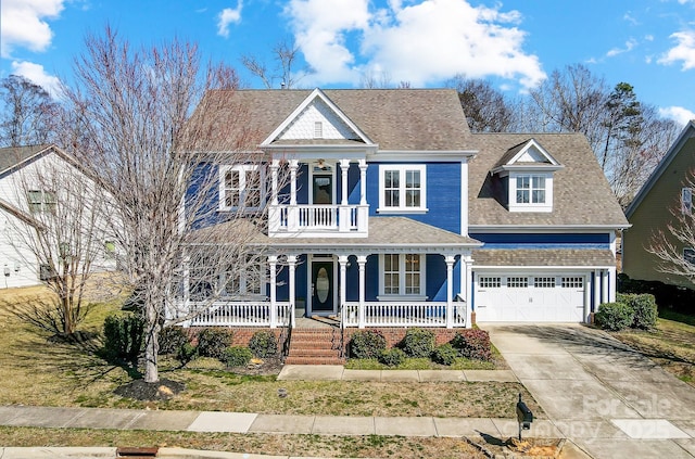 view of front of house featuring driveway, a garage, a balcony, roof with shingles, and covered porch