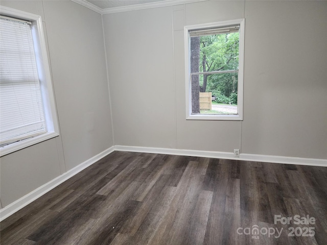 spare room featuring dark hardwood / wood-style floors and ornamental molding