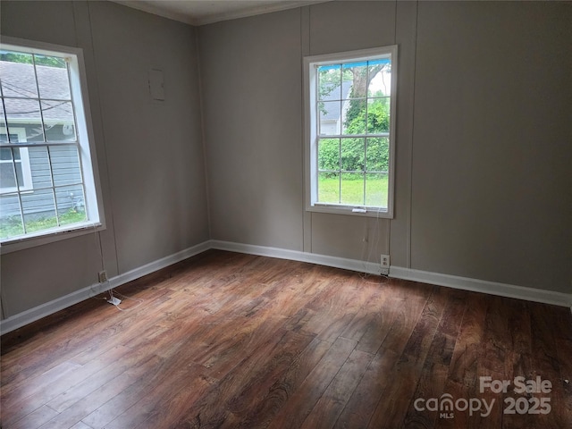 spare room featuring a wealth of natural light and dark hardwood / wood-style flooring