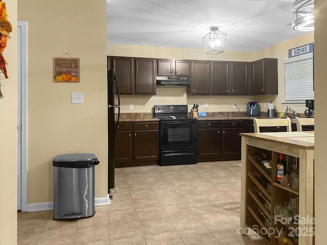 kitchen featuring dark brown cabinets and black appliances