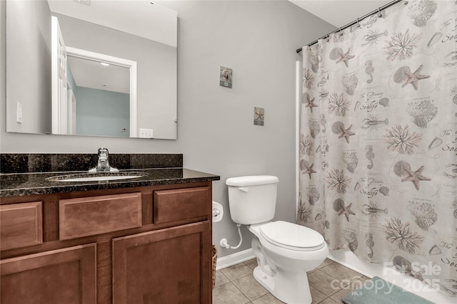 bathroom with toilet, vanity, a shower with shower curtain, and tile patterned flooring