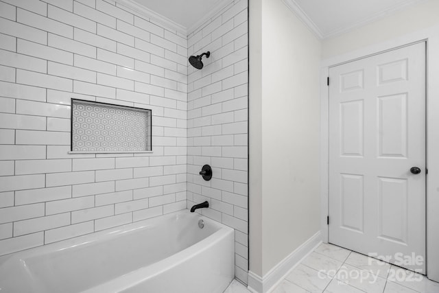 bathroom featuring tiled shower / bath combo and crown molding